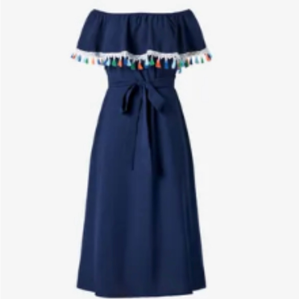 Off-Shoulder Navy Dress with Tassel Trim